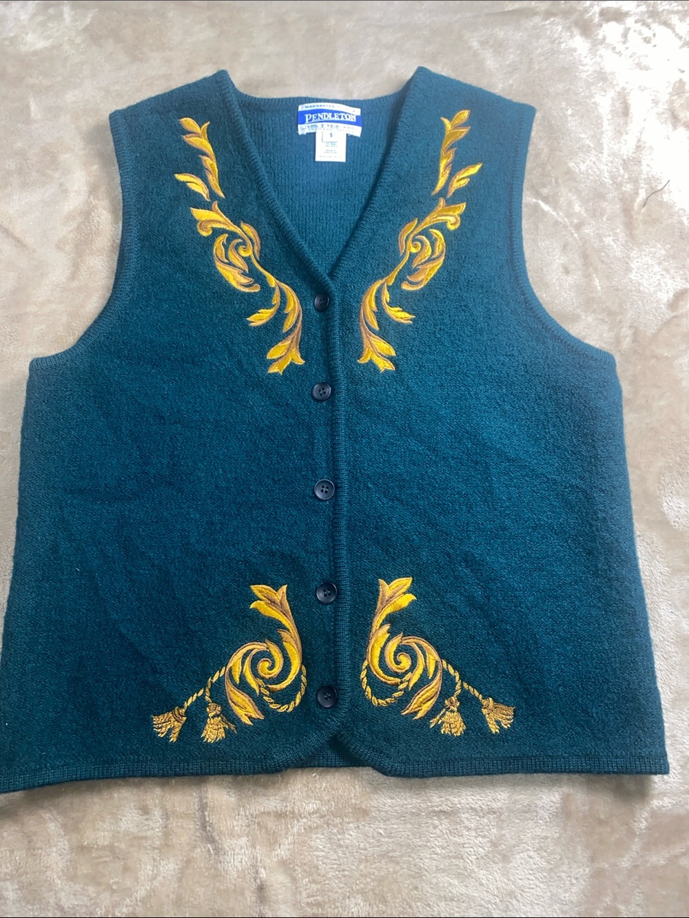 Vintage Pendleton Teal V-Neck Wool Vest with Gold Embroidery